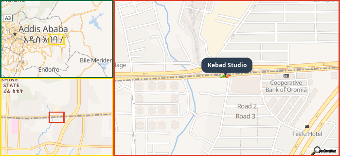 Map showing the address of Kebad Studio in three different zoom levels.