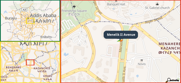 Map showing the address of Menelik II Avenue in three different zoom levels.