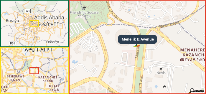 Map showing the address of Menelik II Avenue in three different zoom levels.