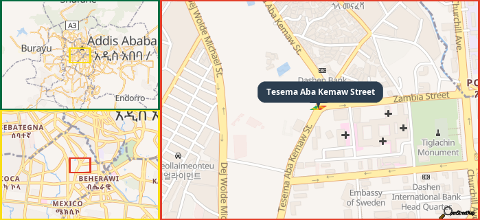 Map showing the address of Tesema Aba Kemaw Street in three different zoom levels.