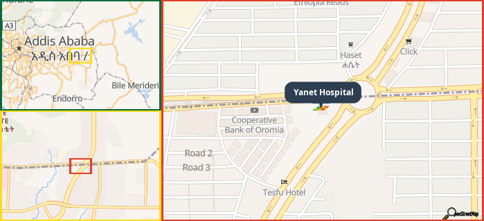 Map showing the address of Yanet Hospital in three different zoom levels.