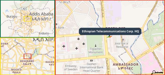 Map showing the address of Ethiopian Telecommunications Corp. HQ in three different zoom levels.