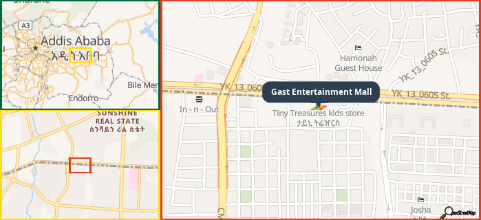 Map showing the address of Gast Entertainment Mall in three different zoom levels.