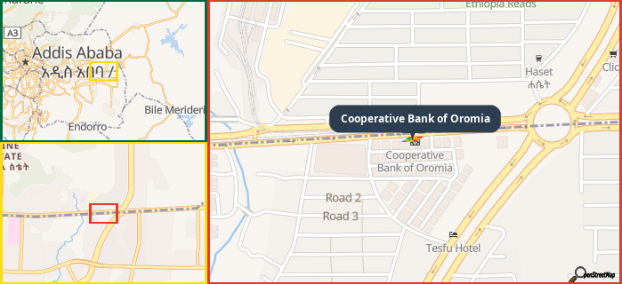 Map showing the address of Cooperative Bank of Oromia in three different zoom levels.