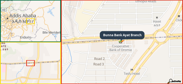 Map showing the address of Bunna Bank Ayat Branch in three different zoom levels.