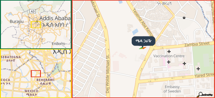 Map showing the address of ሜዳ ጋራዥ in three different zoom levels.