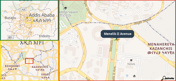 Map showing the address of Menelik II Avenue in three different zoom levels.