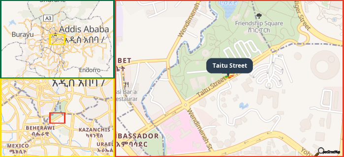 Map showing the address of Taitu Street in three different zoom levels.