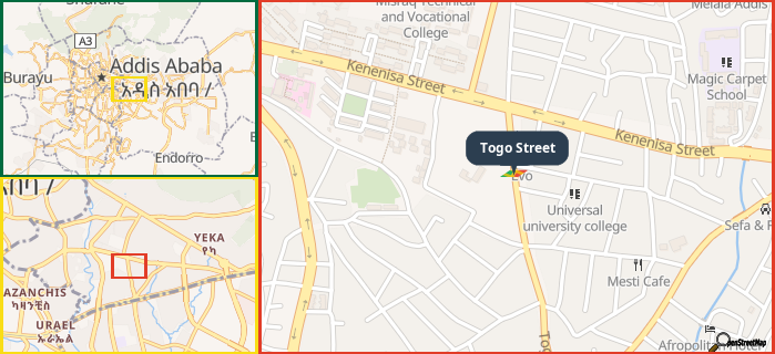 Map showing the address of Togo Street in three different zoom levels.