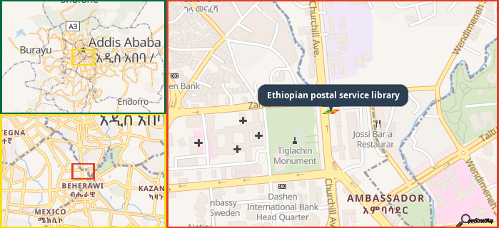 Map showing the address of Ethiopian postal service library in three different zoom levels.