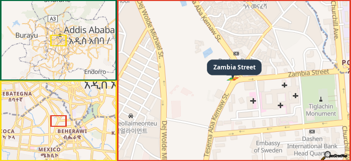 Map showing the address of Zambia Street in three different zoom levels.