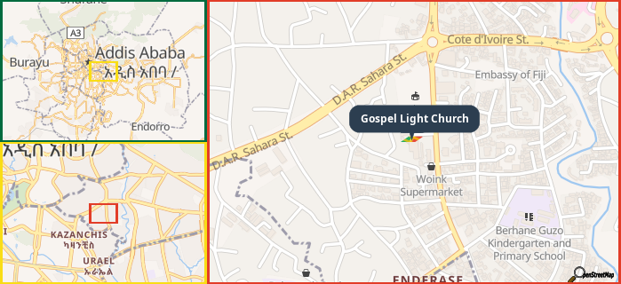 Map showing the address of Gospel Light Church in three different zoom levels.