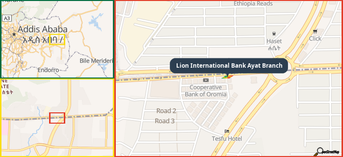 Map showing the address of Lion International Bank Ayat Branch in three different zoom levels.