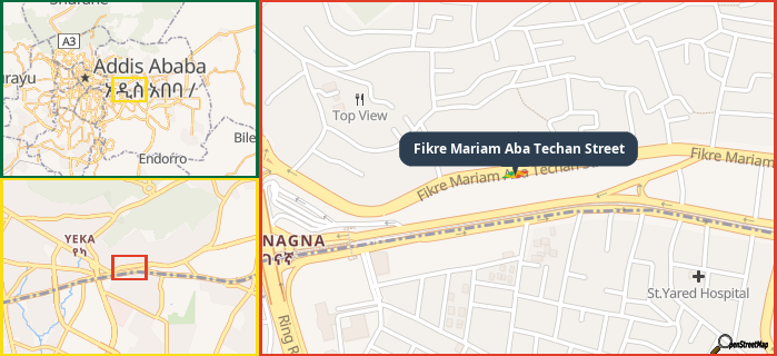 Map showing the address of Fikre Mariam Aba Techan Street in three different zoom levels.
