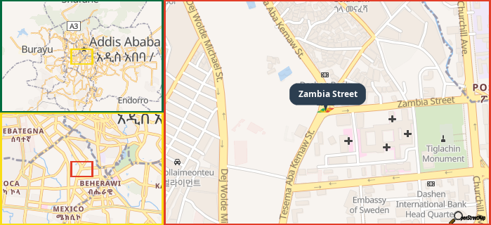 Map showing the address of Zambia Street in three different zoom levels.