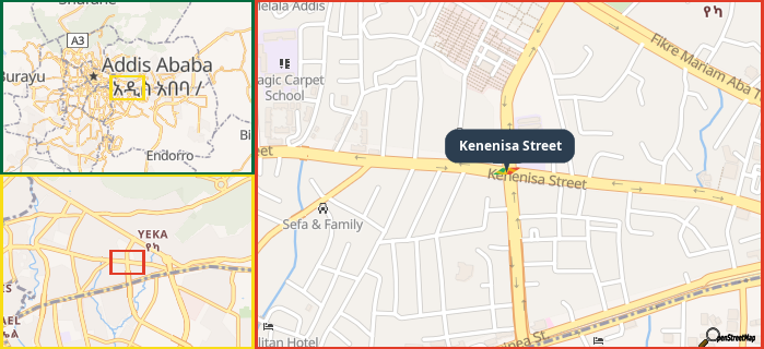 Map showing the address of Kenenisa Street in three different zoom levels.