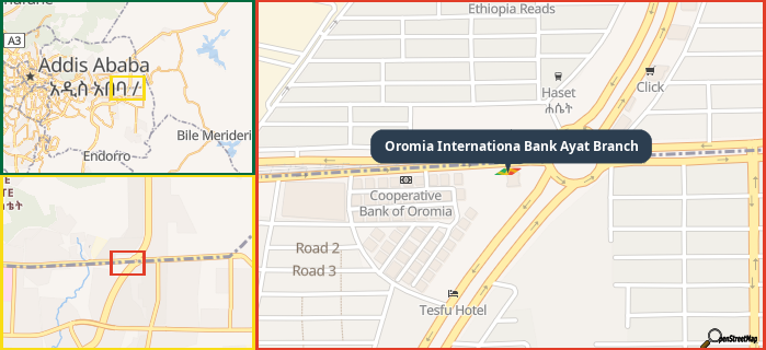 Map showing the address of Oromia Internationa Bank Ayat Branch in three different zoom levels.