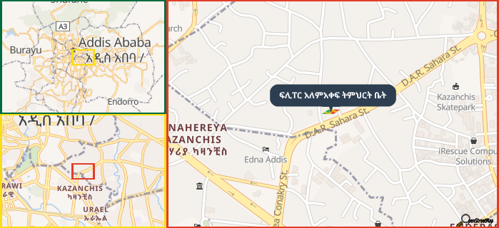 Map showing the address of ፍሊፐር አለምአቀፍ ትምህርት ቤት in three different zoom levels.