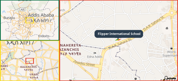 Map showing the address of Flipper International School in three different zoom levels.