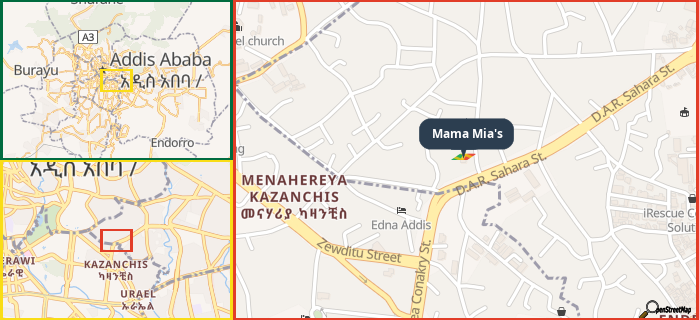 Map showing the address of Mama Mia's in three different zoom levels.