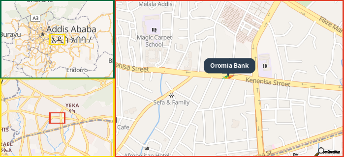 Map showing the address of Oromia Bank in three different zoom levels.