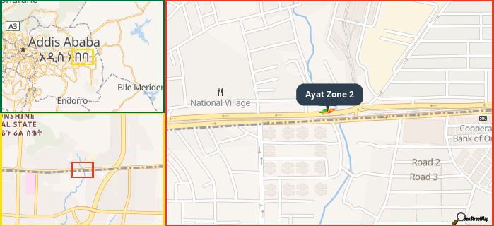 Map showing the address of Ayat Zone 2 in three different zoom levels.