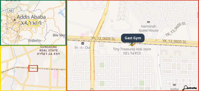 Map showing the address of Gast Gym in three different zoom levels.