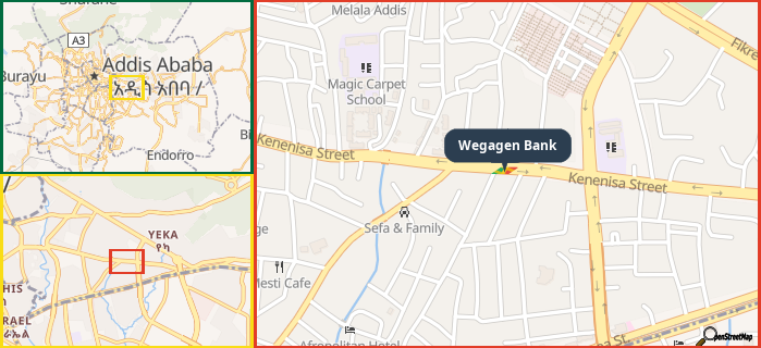 Map showing the address of Wegagen Bank in three different zoom levels.