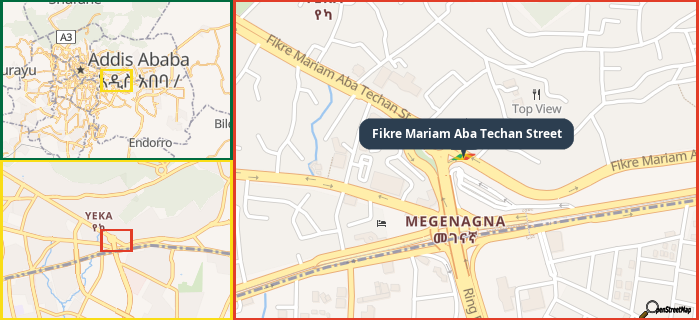 Map showing the address of Fikre Mariam Aba Techan Street in three different zoom levels.