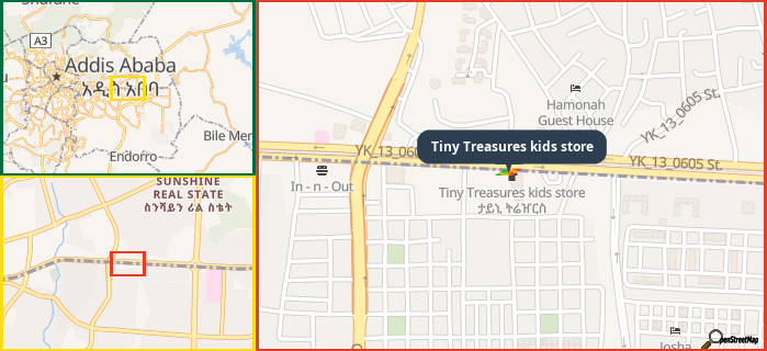 Map showing the address of Tiny Treasures kids store in three different zoom levels.