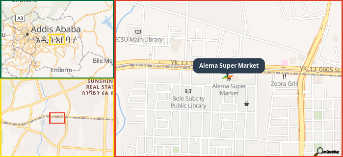 Map showing the address of Alema Super Market in three different zoom levels.