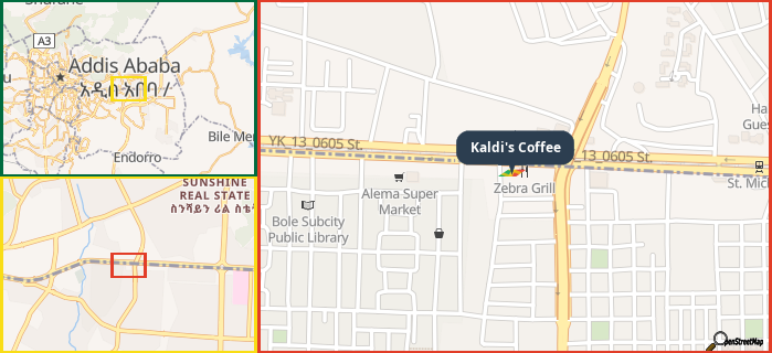 Map showing the address of Kaldi's Coffee in three different zoom levels.