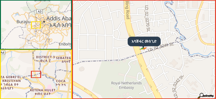 Map showing the address of አባጅፋር መስጊድ in three different zoom levels.