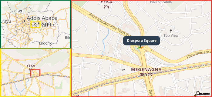 Map showing the address of Diaspora Square in three different zoom levels.