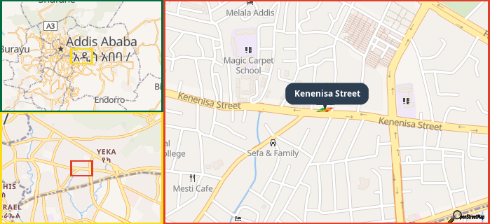 Map showing the address of Kenenisa Street in three different zoom levels.