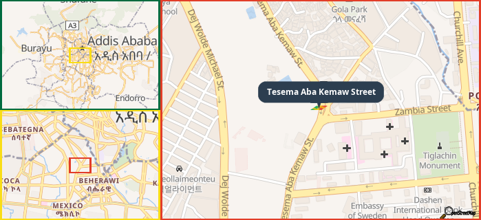 Map showing the address of Tesema Aba Kemaw Street in three different zoom levels.