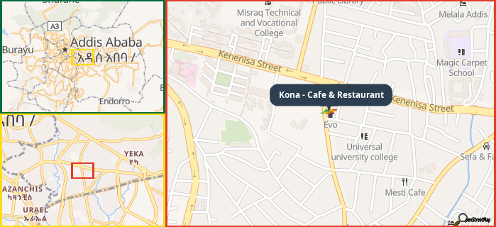 Map showing the address of Kona - Cafe & Restaurant in three different zoom levels.