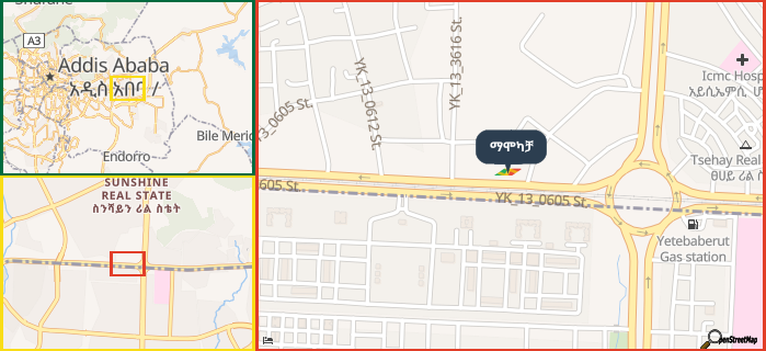Map showing the address of ማሞካቻ in three different zoom levels.