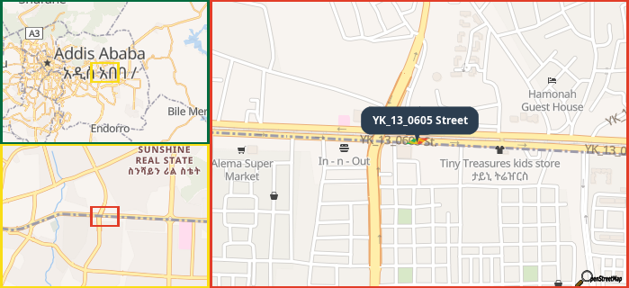 Map showing the address of YK_13_0605 Street in three different zoom levels.
