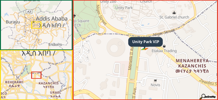 Map showing the address of Unity Park VIP in three different zoom levels.