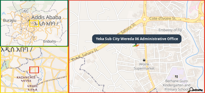 Map showing the address of Yeka Sub City Wereda 06 Administrative Office in three different zoom levels.