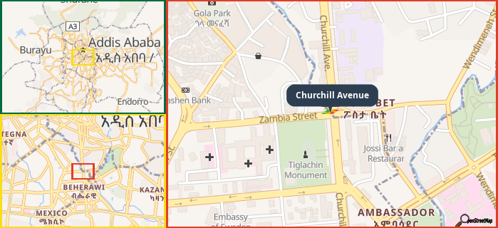 Map showing the address of Churchill Avenue in three different zoom levels.