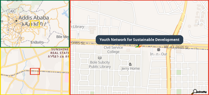 Map showing the address of Youth Network for Sustainable Development in three different zoom levels.