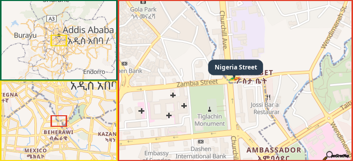 Map showing the address of Nigeria Street in three different zoom levels.