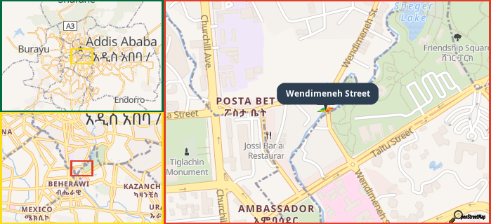Map showing the address of Wendimeneh Street in three different zoom levels.