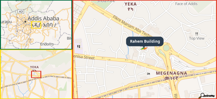 Map showing the address of Rahem Building in three different zoom levels.