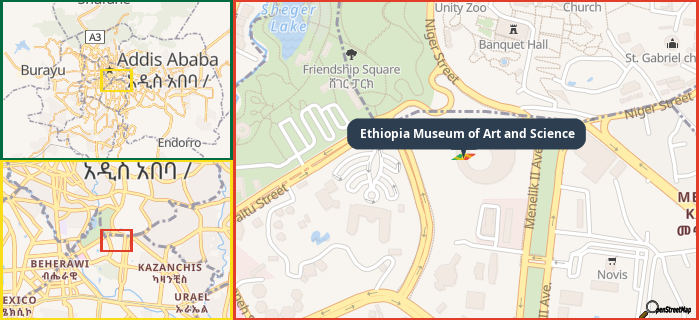 Map showing the address of Ethiopia Museum of Art and Science in three different zoom levels.