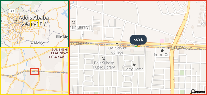 Map showing the address of አይንዬ in three different zoom levels.