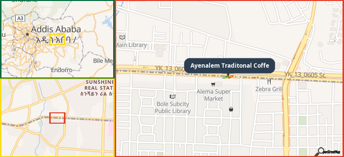 Map showing the address of Ayenalem Traditonal Coffe in three different zoom levels.