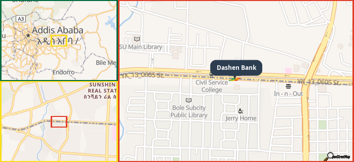 Map showing the address of Dashen Bank in three different zoom levels.